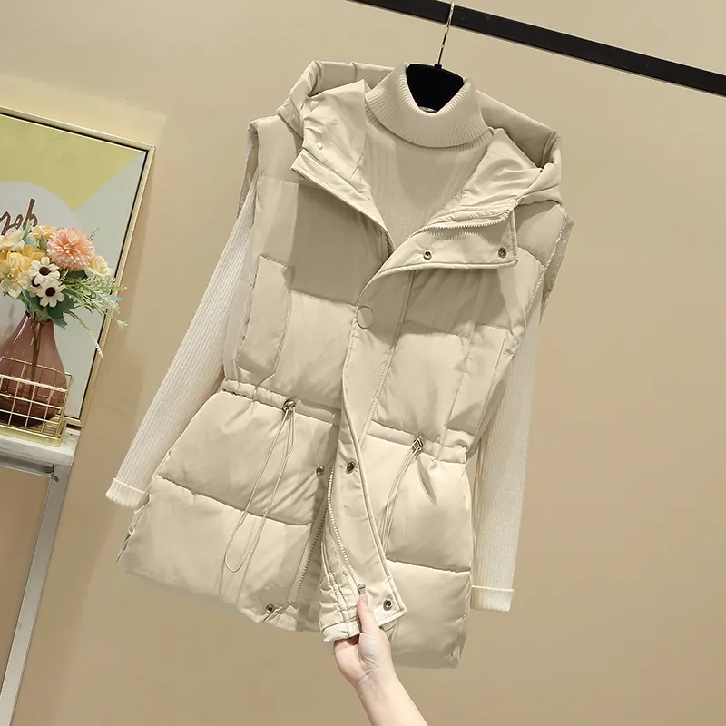 Otoño/Invierno 2025 sin mangas Casual con capucha de las mujeres abajo chaleco de algodón abrigo corto suelto versión coreana mujer camiseta sin mangas chaqueta: M / Beige