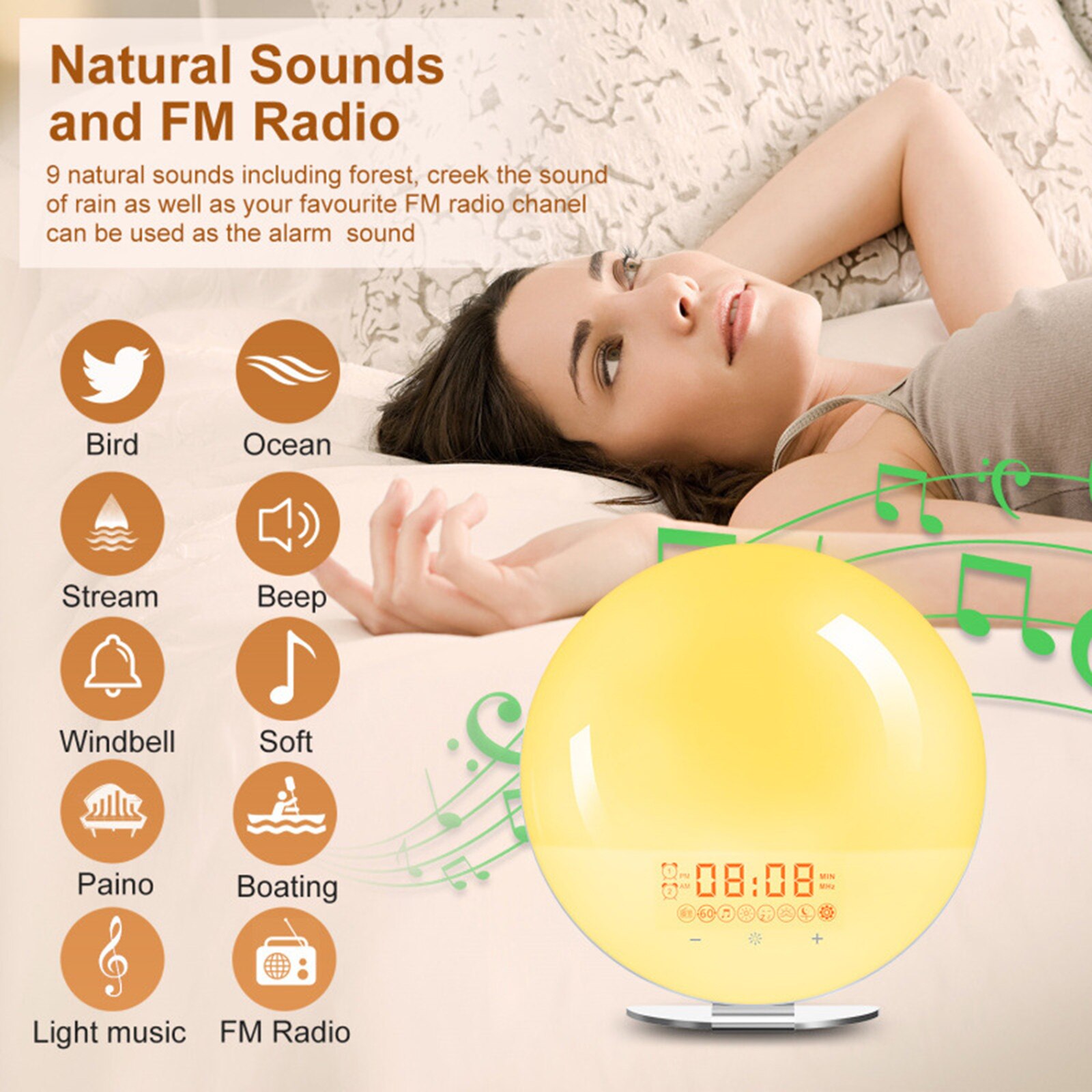 7 Colors Wake Up Light Night Light Dual Alarms for Bedroom Adults US