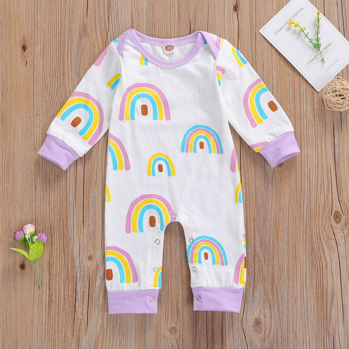 Mise au point Kid bébé filles garçons barboteuse arc-en-ciel impression à manches longues entrejambe boutons automne combinaisons 4 couleurs