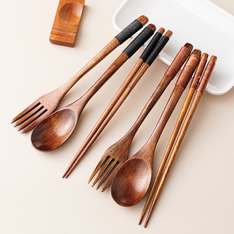 Portable Tableware Vintage Japanese Wood Chopsticks Spoon Fork Travel Dinnerware Suit Environmental Travel Wooden Cutlery Set
