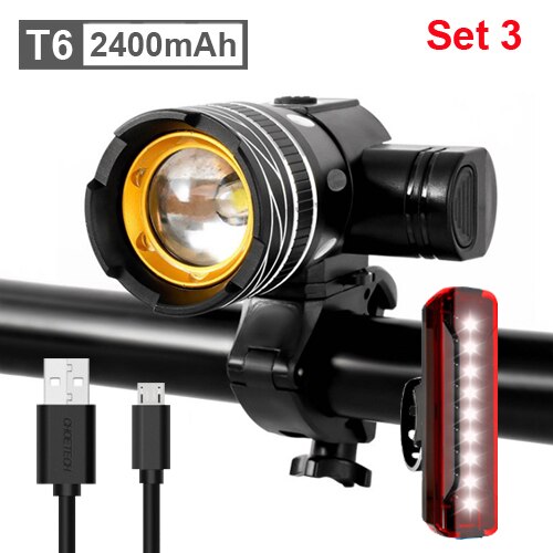 NEWBOLER-Luz de bicicleta T6 con batería recargable por USB, faro delantero de bici, lámpara de ciclismo con luz trasera, ajustable, 5000mAh: 2400mAh Set 3