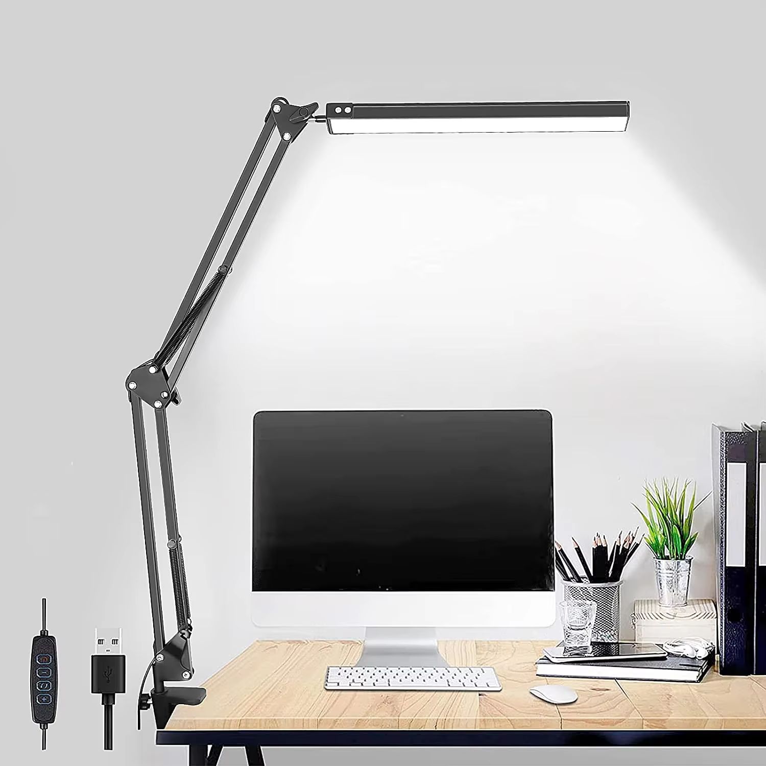 Led-bureaulamp, verstelbare bureaulamp met metalen zwenkarm en klem, oogvriendelijke bureaulamp voor architecten, ,3 kleurmodi met geheugenfunctie: Default Title
