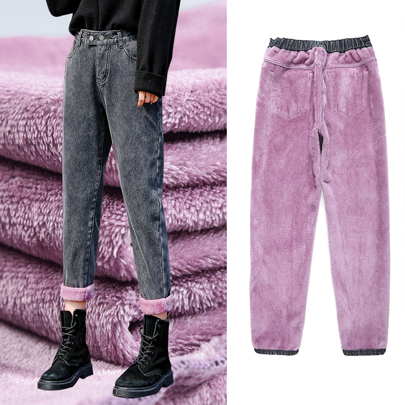 Winter Jeans For Women Thicken Warm Loose Fleeces Denim Trousers Ankle-length Gray Solid Harem Pants Students Wear P9505