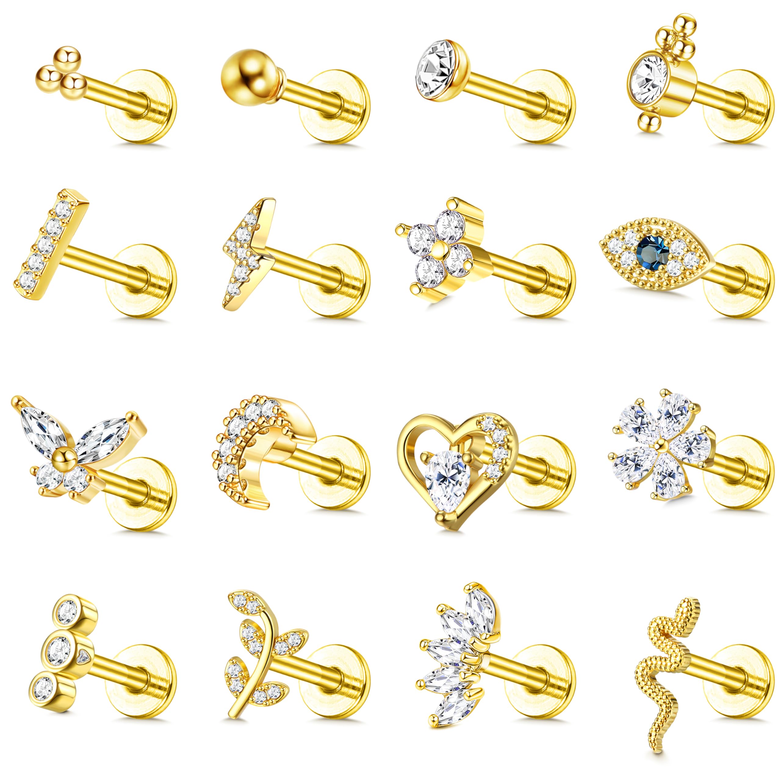 Drperfect-pendientes para el trago de acero quirúrgico, joyería para Piercing del trago, rosca interna, parte posterior plana, Medusa Labret, labio, 16 Uds.: Gris / Color dorado