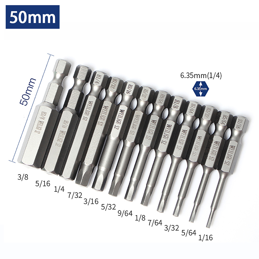 Magnetiska insexskruvmejselbits för brittiska mått, insexnyckelborrar 50mm 1/16 5/64 3/32 7/64 1/8 9/64 5/32 3/16 7/32 1/4 5/16 3/8: Blå