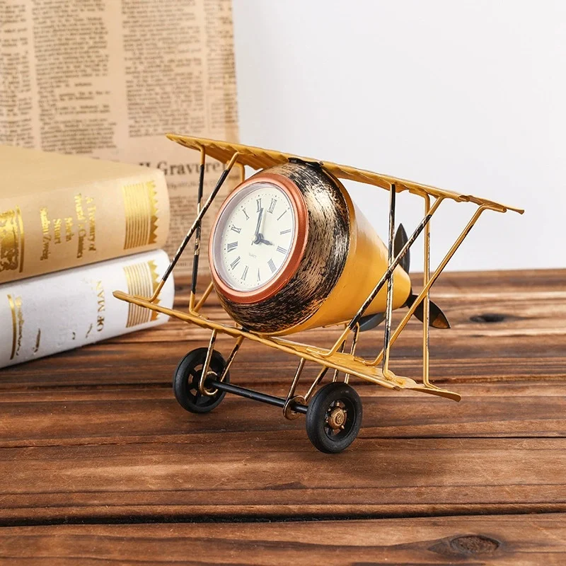 metal wrought iron airplane clock model desktop retro clock photography prop ornament office desktop decoration ornament
