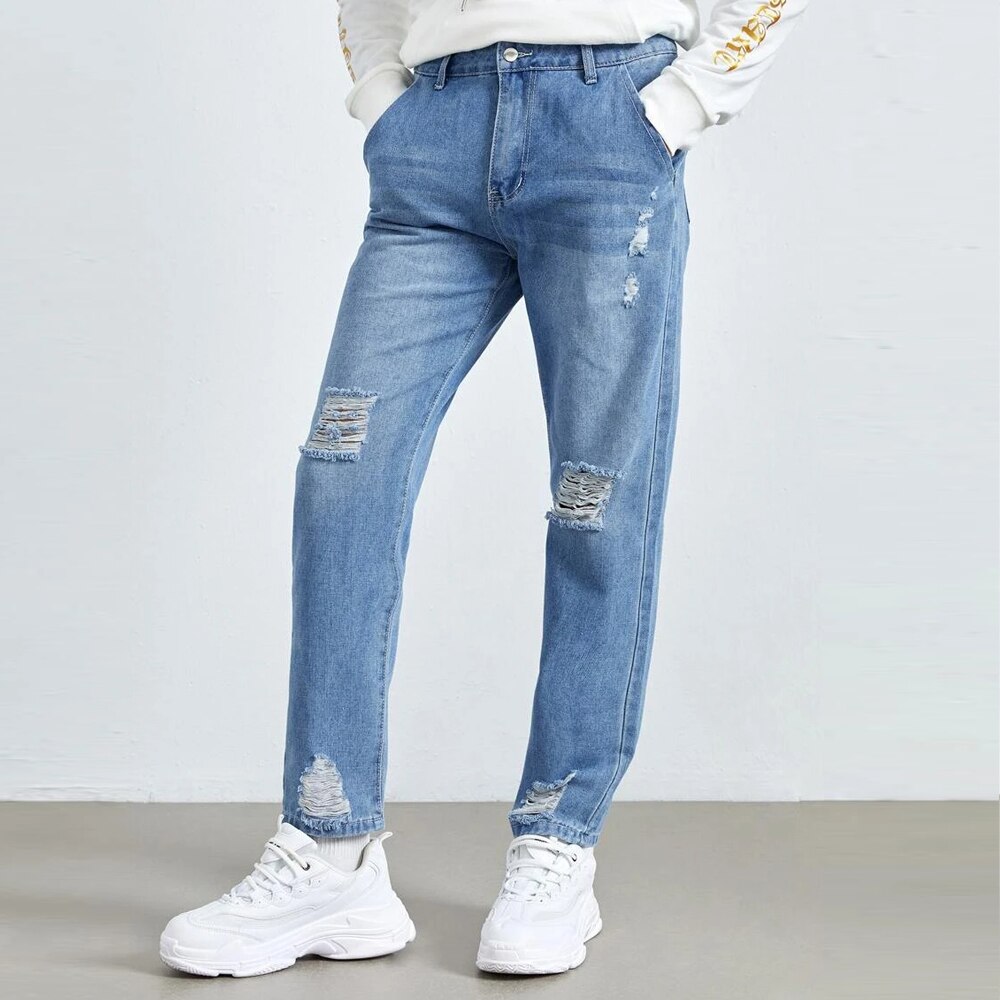 2022 Autumn Street Straight Leg Denim Pants Slim-Fit Men's Ripped Jeans Casual Wear And Wash Pocket Men Trousers Size S-2XL