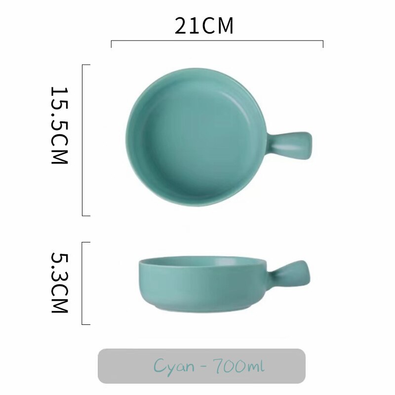 Nordic Ceramic Salad Bowl Single Handle Breakfast Cereal Fruit Bowl Solid Color Dessert Soup Noodle Bowl Microwave Oven Special: cyan