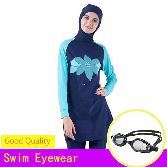 Women Girls Muslim Female Bathing Wear Plus Size Burkinis Muslim Swimwear Women Islamic Full Cover Floral Swim Suits: Blue-2 / XL