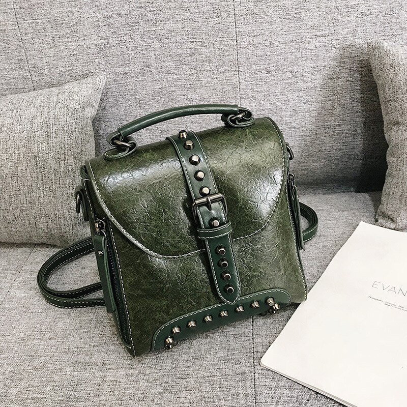 Woman Bags Girl Portable Both Shoulders Backpack Leather Mini Backpack Bags For Women Female Rivet Small Ladies Bag: Green