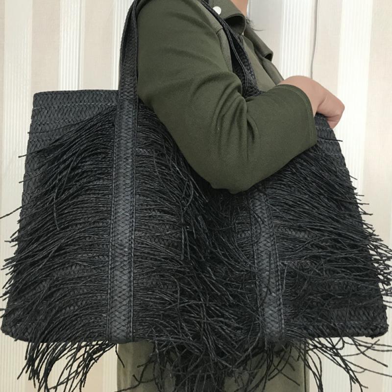 reversibel Quaste Stroh frauen Handtasche Große Kapazität gewebte Schulter Tasche Damen Böhmischen Strand Tote Tasche Frau