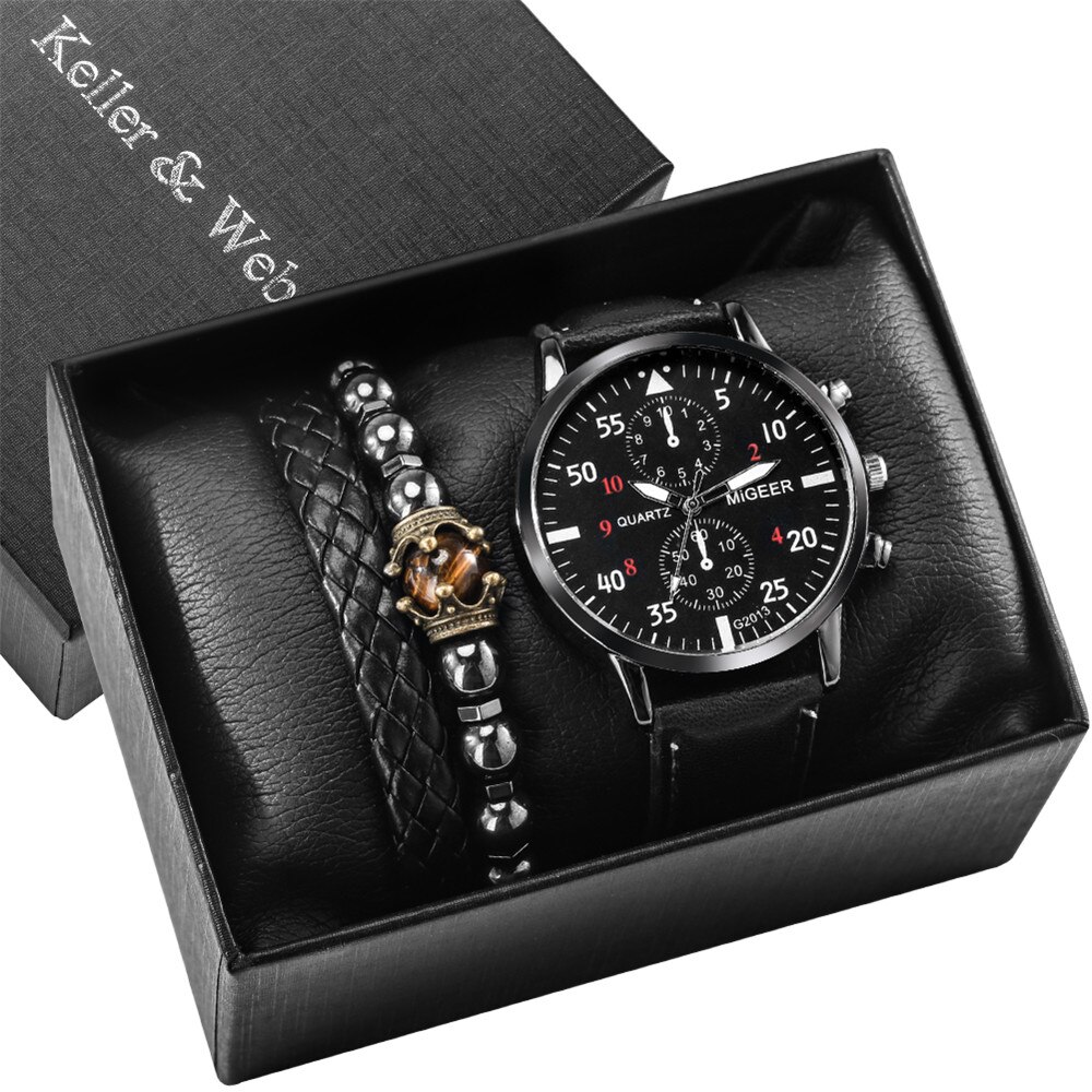 Reloj de pulsera de cuero de cuarzo para hombre y mujer, Set de 3 piezas con caja de , pulseras de , de cumpleaños para Hijo/marido/amigos: Watch Gift Set 031