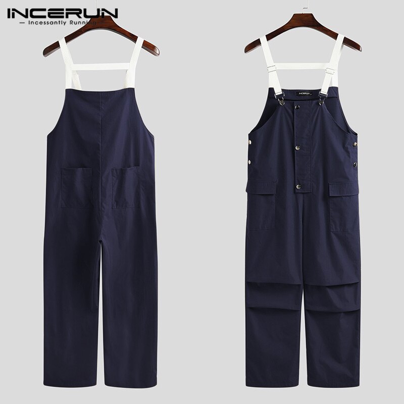 Incerun Mode Mannen Jumpsuit Solid Pockets Joggers Streetwear Knop Bretels Bib Broek Casual Chic Mens Overalls Rompertjes