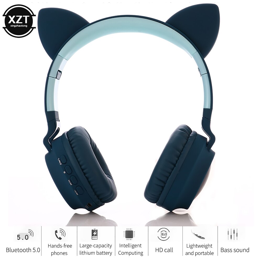 Auriculares estéreo con Bluetooth 5,0 y luz LED, bonito de gatos, auriculares Hifi inalámbricos para música, cascos estéreo con graves para teléfonos móviles y niñas, soporta tarjeta TF