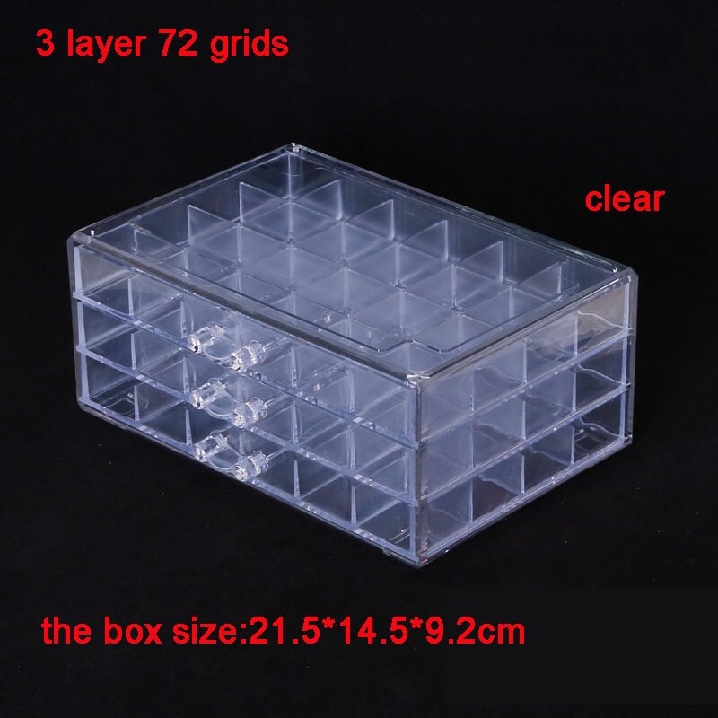Akryl nail art tilbehør perler opbevaring kuffert skuffe æske krystal negle kunst dekoration arrangør holder smykke beholder: 72 gitter klar kasse