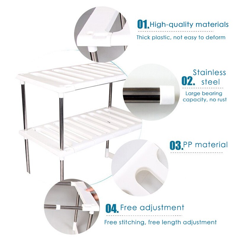 Stainless Steel Floor Type Holder Adjustable Extendable Double Layer Dishes Storage Rack Kitchen Under Sink Multifunction Shelf