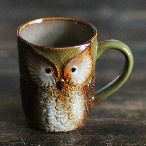 Owl Ceramic Coffe Cup Pottery Milk Coffee Cups Xmas Collection High-temperature Color Ceramic Art Ornaments: Green