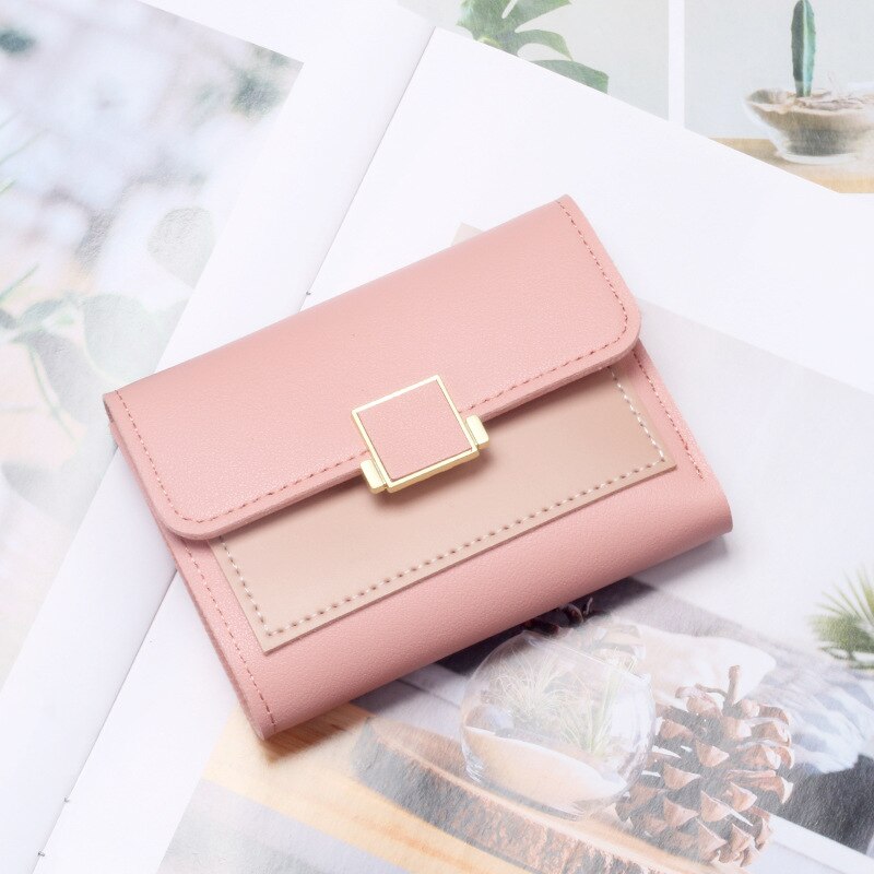 Cartera pequeña Coreana de PU para mujer, billetera de tres pliegues, tarjetero de , monedero de mano Simple, con broche: Rosa