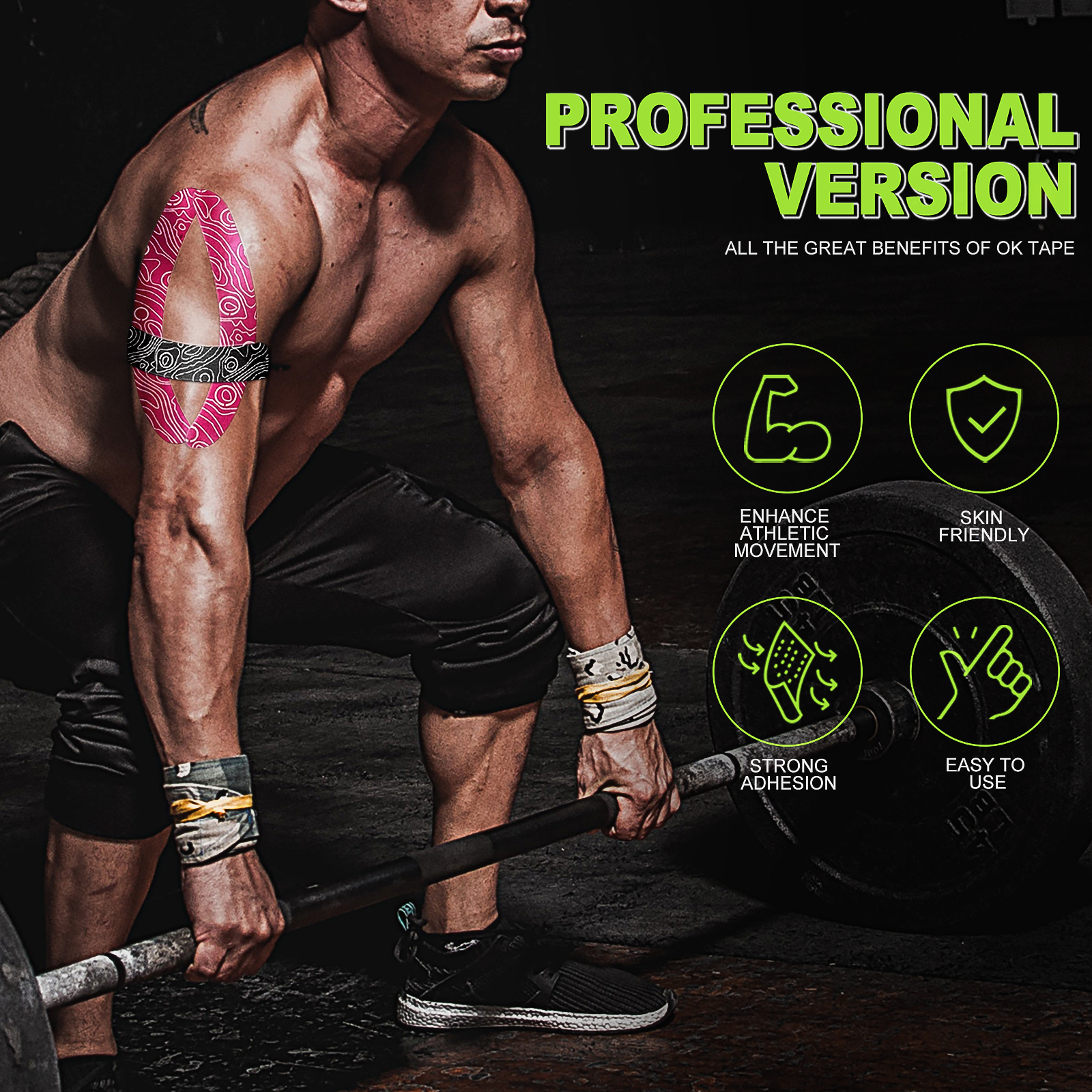 OK Band Profi Kinesiologie-Band, frei geschnitten, atmungsaktiv, wasserdicht, elastisch, Sportbandage, latexfrei, Fitness-Studio, Schmerzlinderung, 5 cm x 5 m