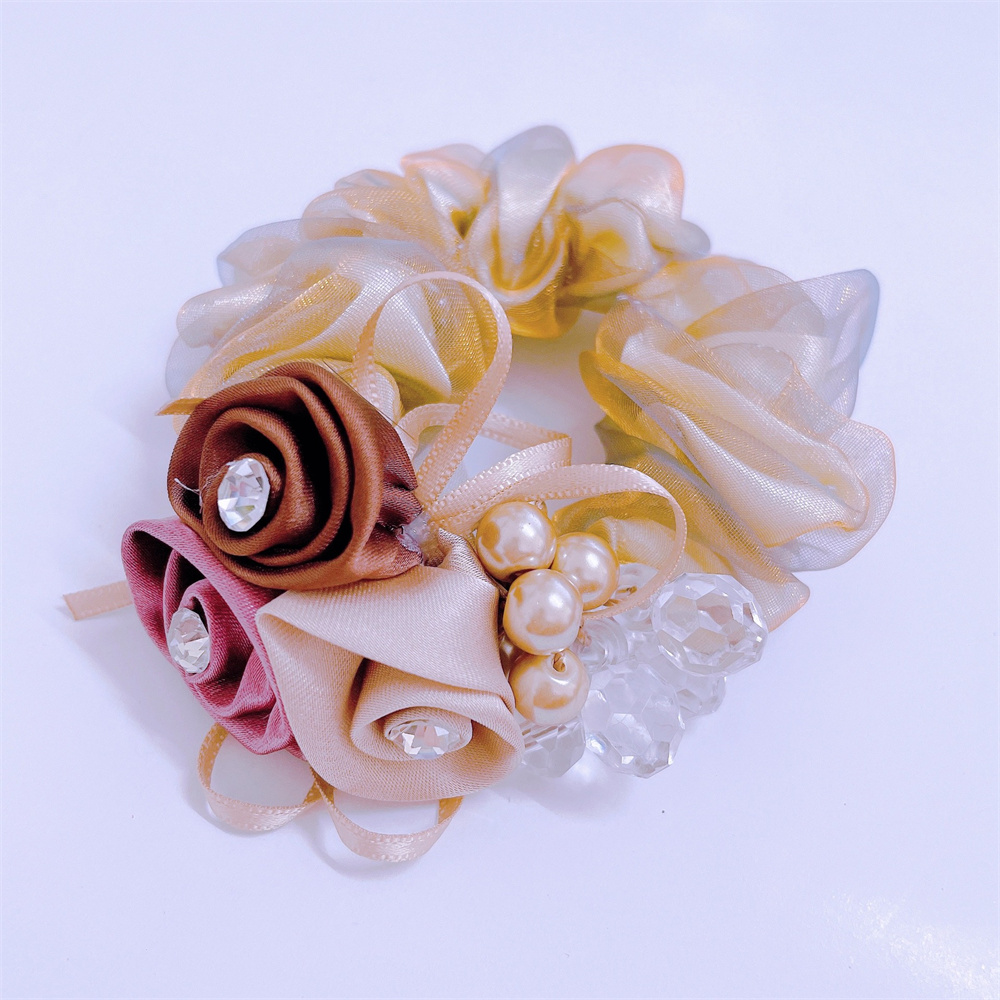 coreana, cuerda para el cabello con perlas, banda para el cabello con flores rosas, lazos para el cabello con diamantes de imitación, banda de goma, joyería para el cabello, accesorios para el cabello para mujer: Negro