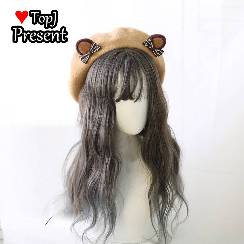 Japanse Zoete Leuke Meisje Super Leuke Baret Beer Oor Wollen Muts Zachte Schattige Beer Oor Veelzijdige Baret: brown and bow