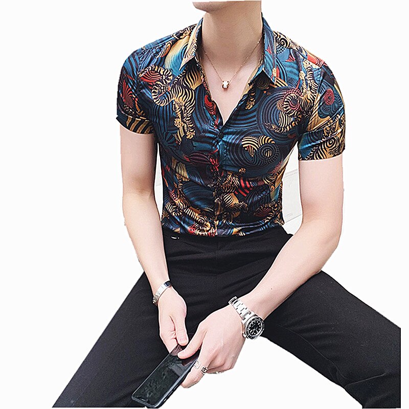 Forretningsarbeidsskjorter kjole herreklær koreansk smokingskjorte sommer kortermet slank passe skrive ut menn skjorte uformelt camisa masculina