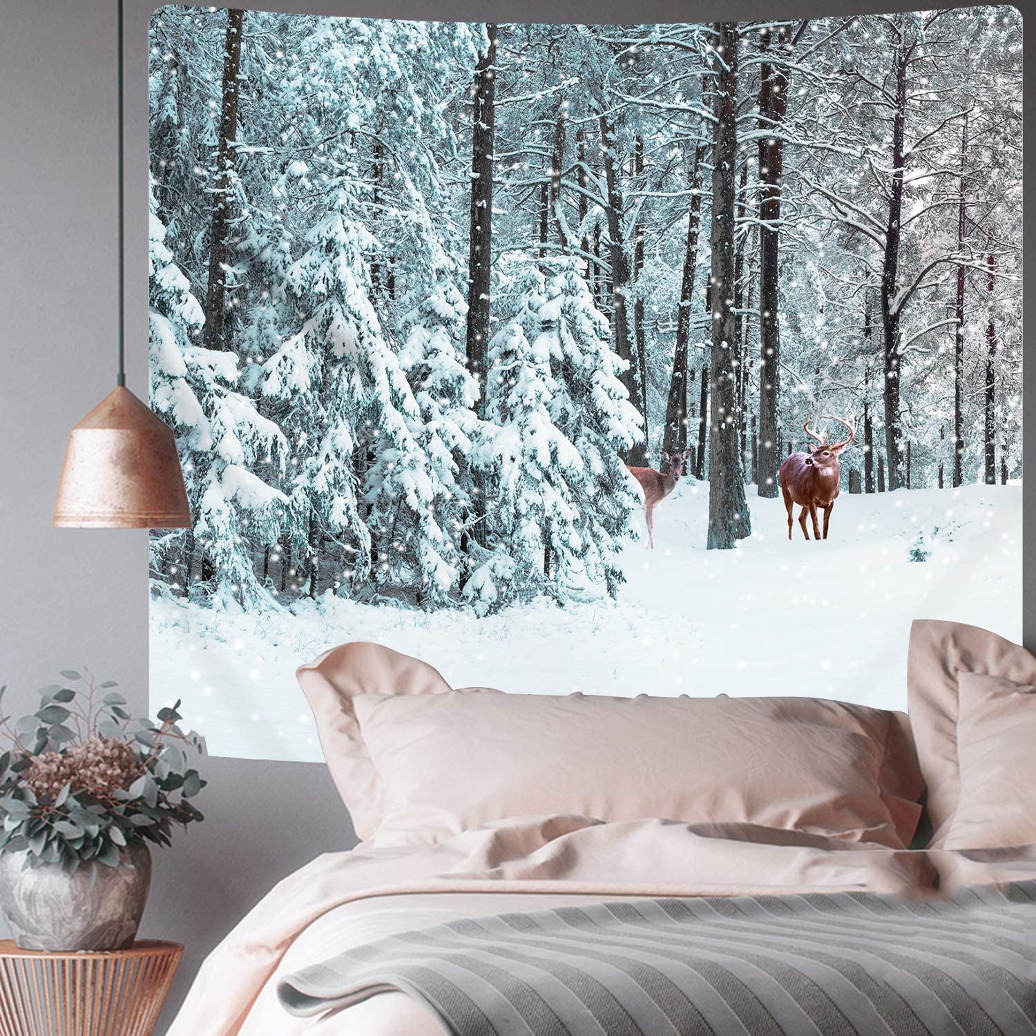 Merry Christmas Tapestry Deer Wall Tapestry Snow Forest Woodland Winter Nature Landscape Tapestries For Xmas Home Decoration