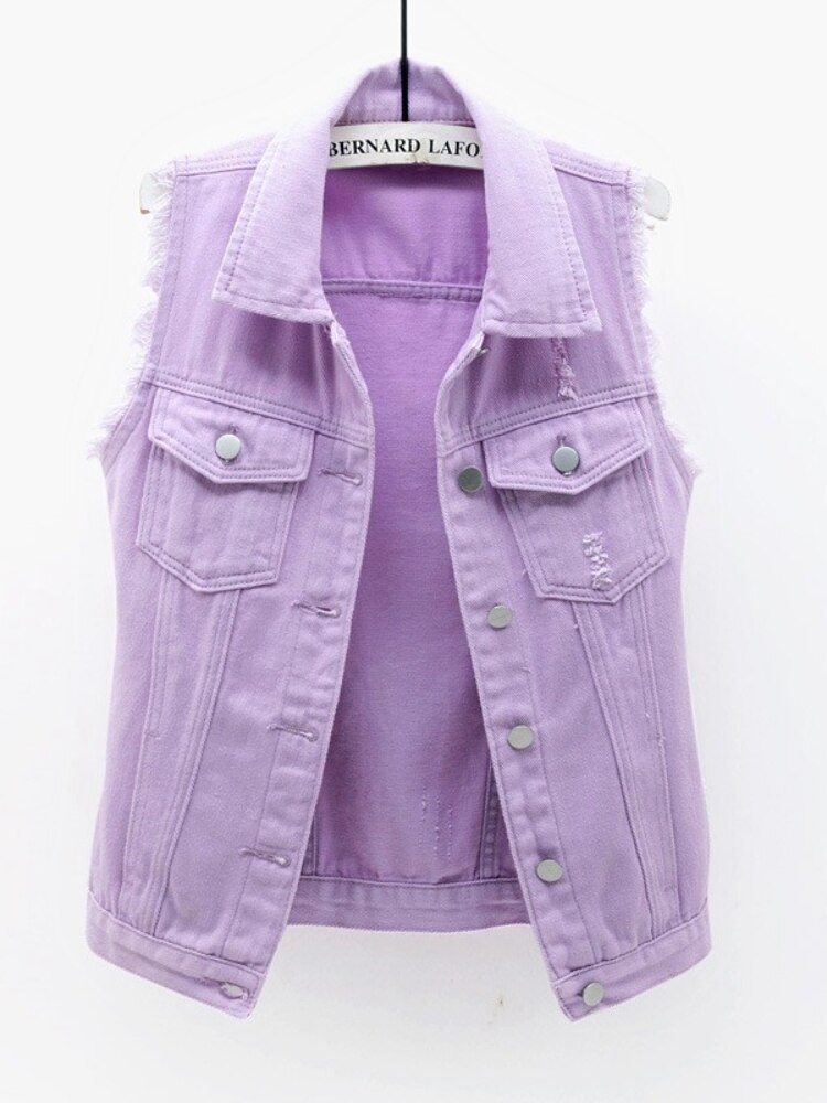 Lila ärmellose Jeansjacke Damen Sommermode einreihige Jeansweste Mantel Vintage passende Jeanswesten Indie Weste: XXL / Lila