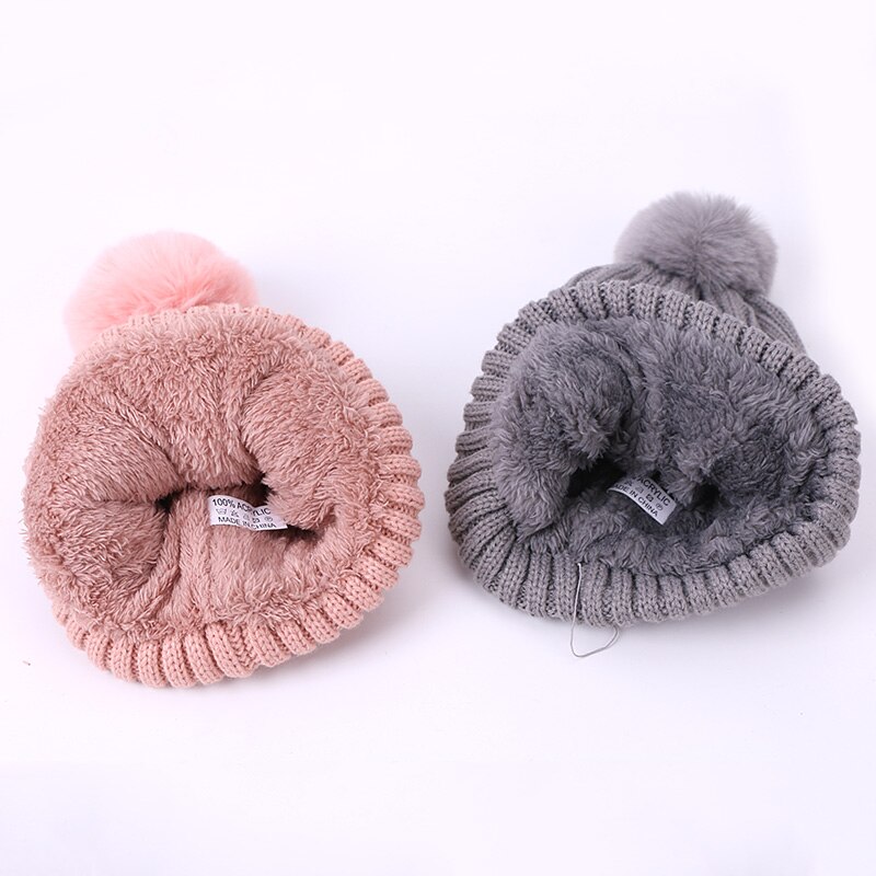 Pompón sombrero y bufanda para niños abrigo invernal crochet sombrero de punto bufanda, conjunto de dos piezas de chico grueso, gorros, gorros de lana con forro