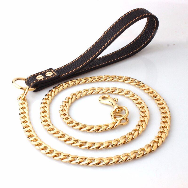 Colorful Heavy Duty Dog Chain for Big Dogs Pitbull Gold Stainless Steel Dog Leash with Leather Handle Pet Stuff Accessories: gold
