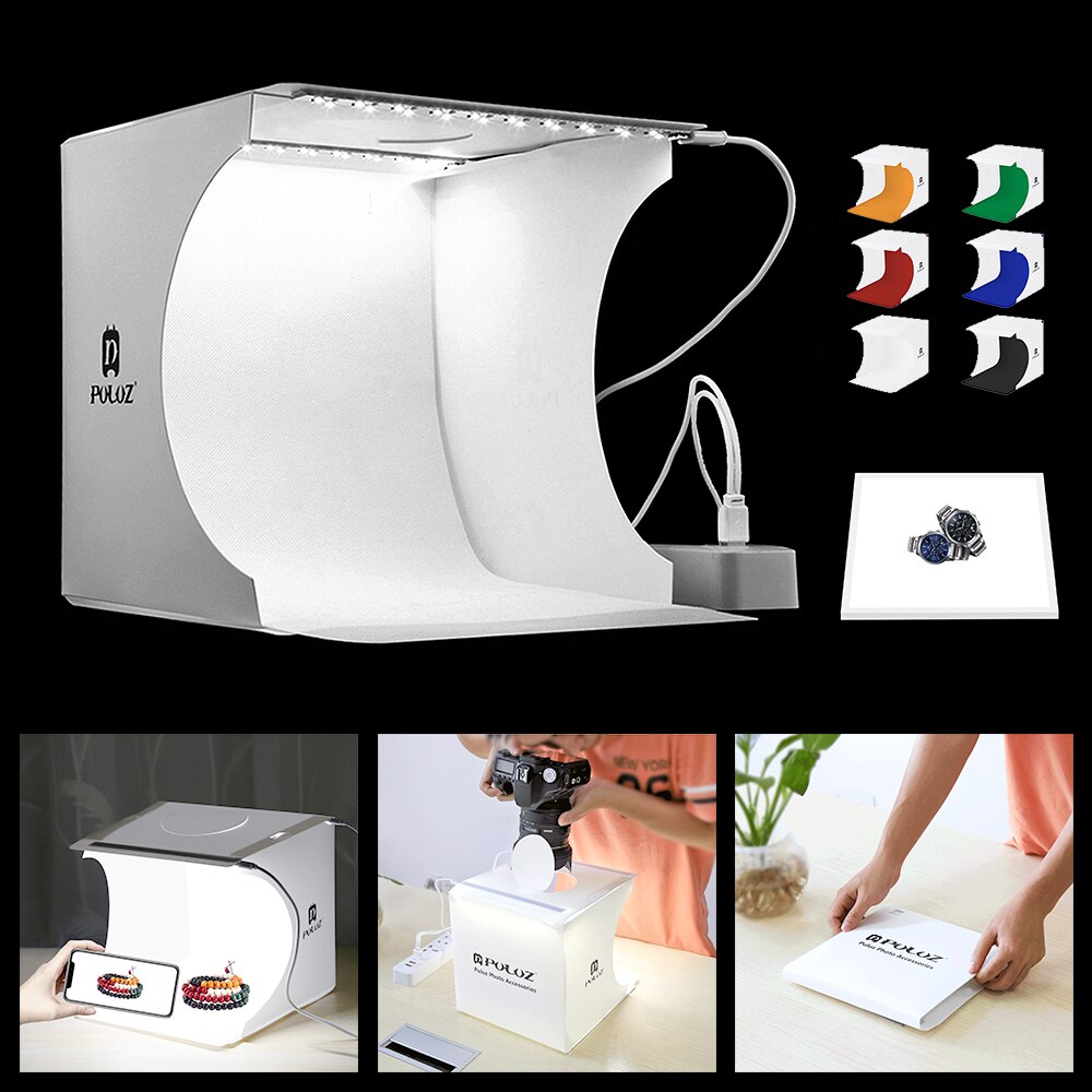 PULUZ 20cm Mini Photo Studio Portable Photo Studio Foldable Photography Light Softbox Light Kit Photography Box Camera White Box