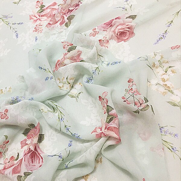 Estampado de flores en verde claro georgette de seda pura gasa tela de seda muy suave para el verano, SCG625