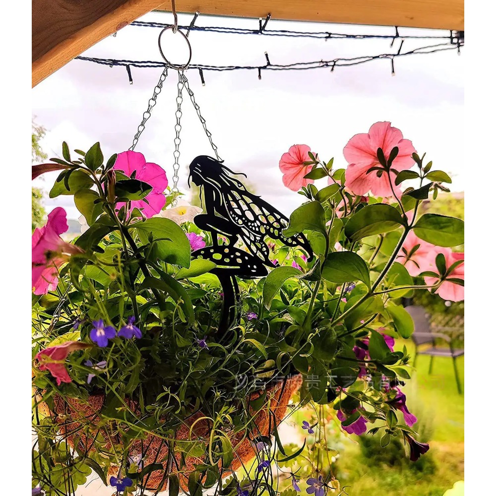 12 x 18 cm havefe-metal udendørsdekoration - finurlige fe-figurer med blomsterdetaljer, vejrbestandig terrasse- og græsplænekunst