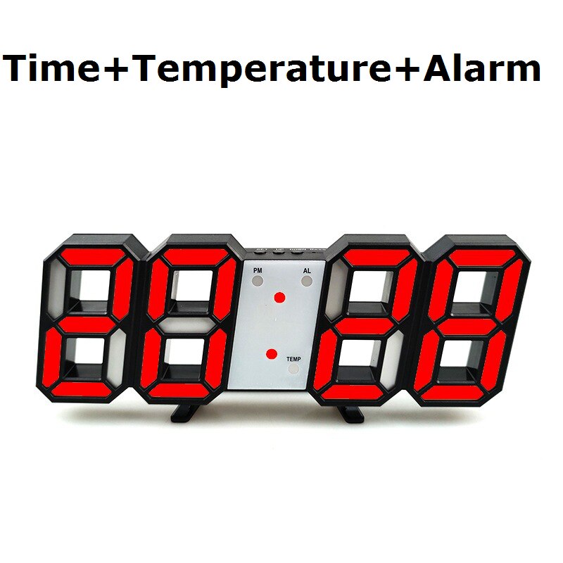 3D horloge moderne numérique 12/24 heure affichage de l'heure mur LED horloge LED rétro-éclairage support de température ou suspendus alarmes pour chambre à coucher: Black Shell Red
