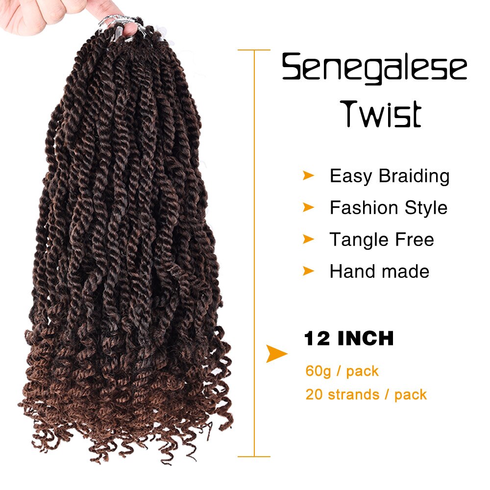 Silike Synthetic Senegalese Twist Hair Curly Ends 3X Kinky Twist Braids 12 Inch Crochet Braiding Hair Extensions for Black Women