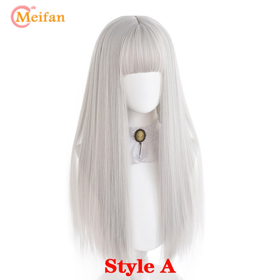 MEIFAN largo recto Cosplay de Lolita casco peluca sintética con flequillo mujer blanco Ombre pelo Rosa degradado peluca chica: Gris plata