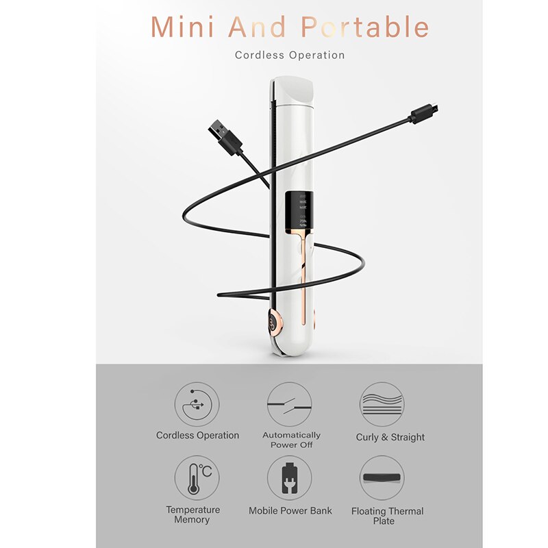 Mini lisseur à cheveux sans fil Usb avec système de verrouillage batterie externe, fer à lisser Portable, de voyage