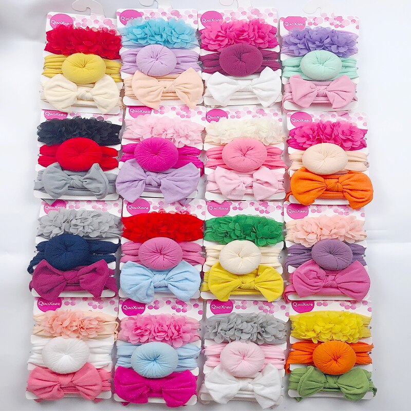 Ensemble de 3 bandeaux élastiques en mousseline de soie et nylon pour bébé,accessoires pour cheveux style turban avec nœud et fleur, couleur unie, pour fille, 3 pièces,