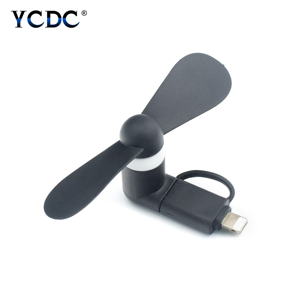 2 em 1 viagem portátil celular mini ventilador refrigerador de refrigeração para micro usb para iphone 5 5S se 6 s plus 8 pinos telefones android s6 s7: Black