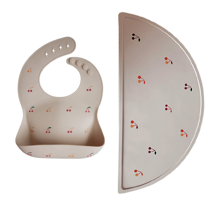 Juego de vajilla antideslizante para bebé, plato de silicona suave con ventosa, taza, baberos, cuchara y tenedor, sin BPA, 4/6/8 piezas platos platos para bebé: cherry combo