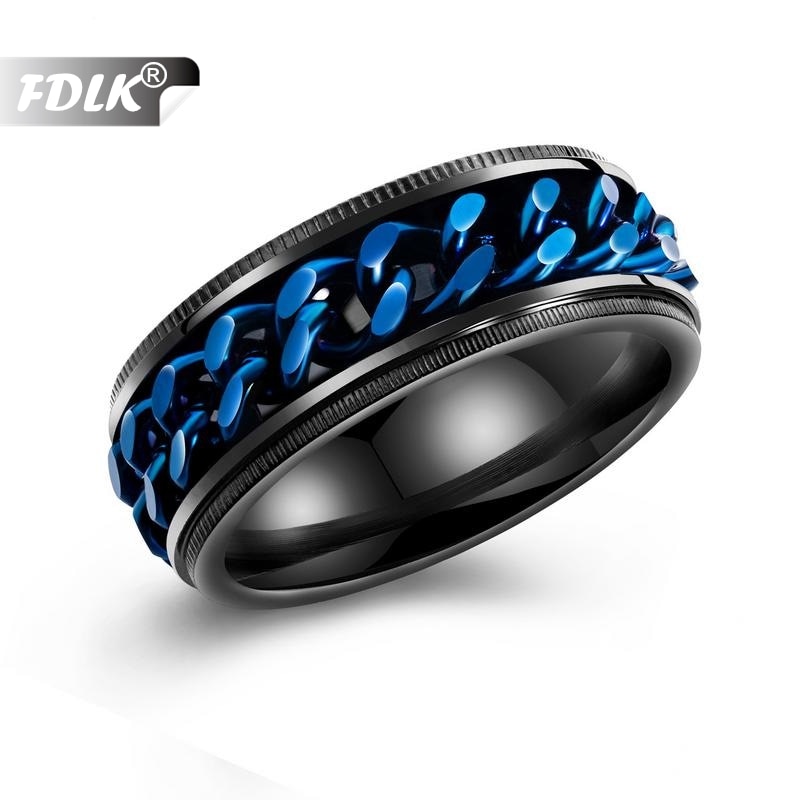 FDLK 8mm Cool Black &amp; Blue Spinner Chain Ring For Men Stainless Steel Rotatable Chain Ring Male Punk Jewelry