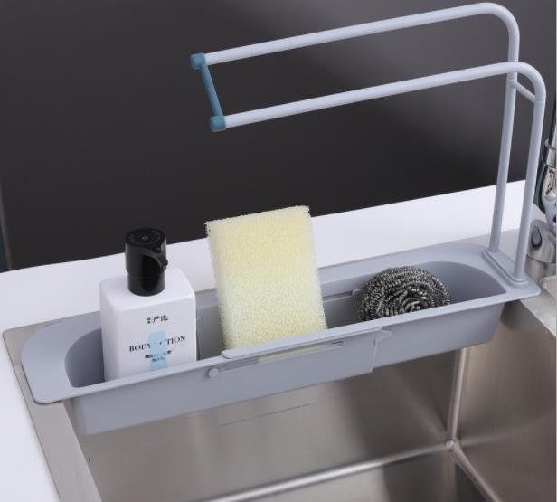 Teleskopisk vask opbevaringsstativ justerbart afløbsstativ køkkenvaske opbevaringsstativ orangizer vaskeskål svampholder badeværelse: Grå