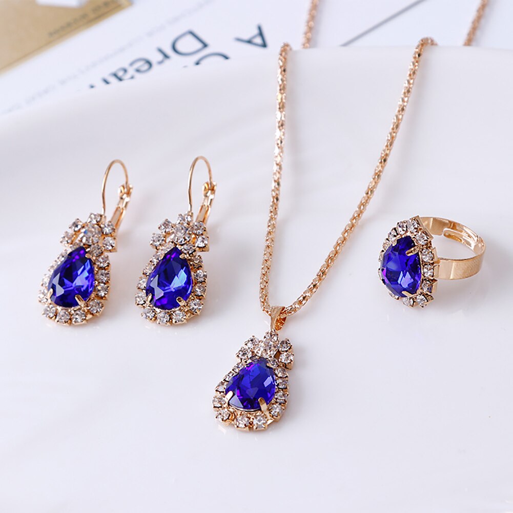 Waterdrop Shiny Rhinestones Necklace Ring Earrings Women Jewelry Set