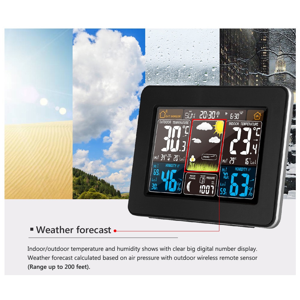 Weather Station Multi-Function Digital Clock Temperature Humidity Sensor Alarm ClockMoon Phase Desk Table LCD Alarm Clock