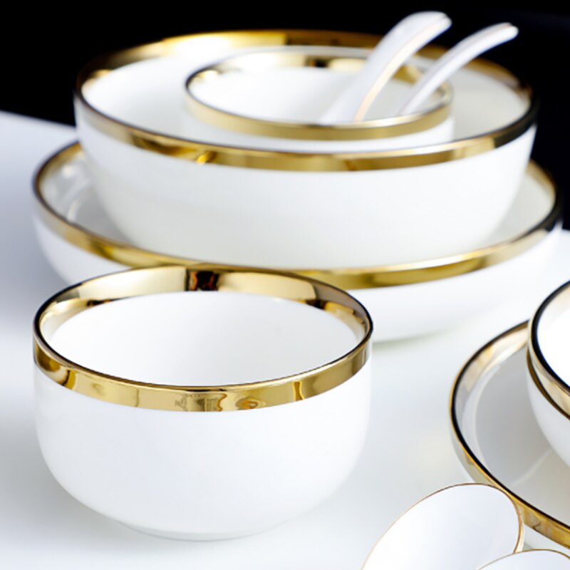 Ceramic Gold Plated Edge Plate Tableware Set White Porcelain Dinner Plate Household Kitchen Rice Bowl Salad Dish Steak Tray