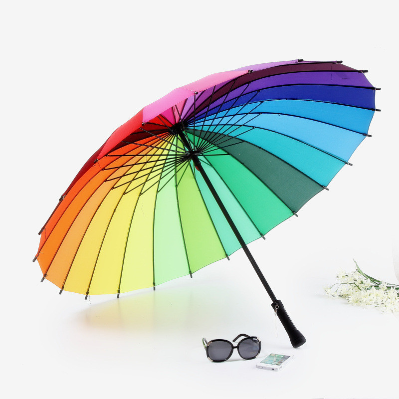 24k ribbe farge regnbue langt håndtak rett anti-uv sol/regn stick paraply manuell stor parasoll