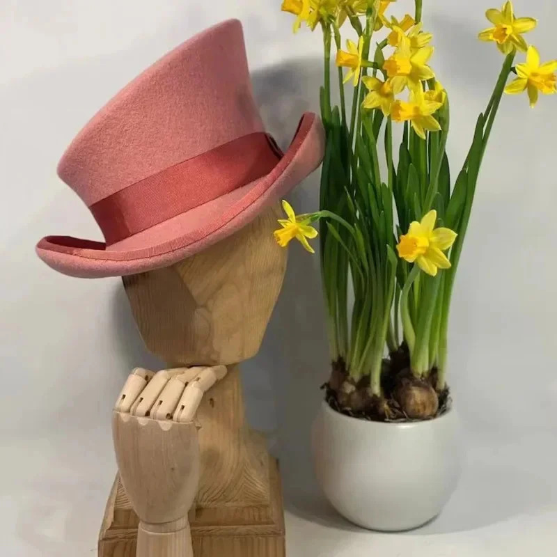 Men Women asymmetric top wool hats fashiona formal ribbon steam punk hat men lumber costume Cap Party decoration: Pink