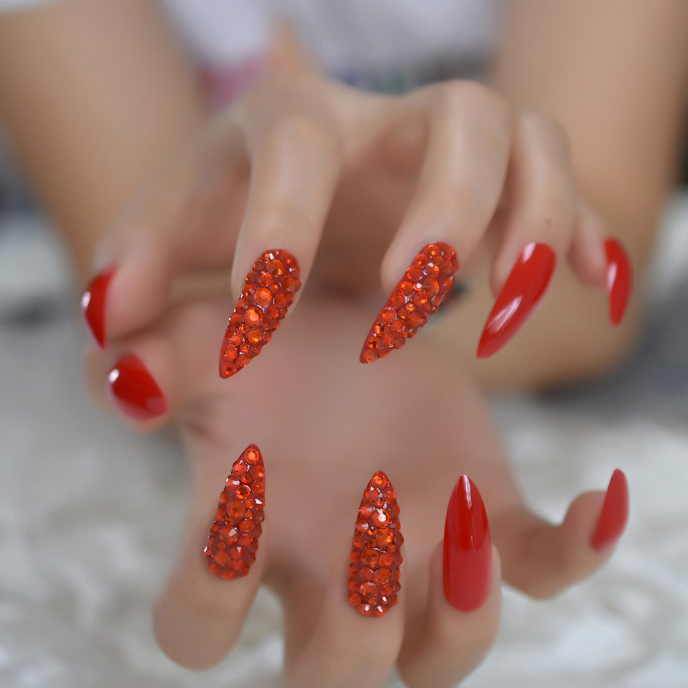 Chinese Rode Luxe Nep Nagels Volledige Dekking Steentjes Prachtige Stiletto Lange Custom Druk Op Nagel Handgemaakte Manicure Tips 24