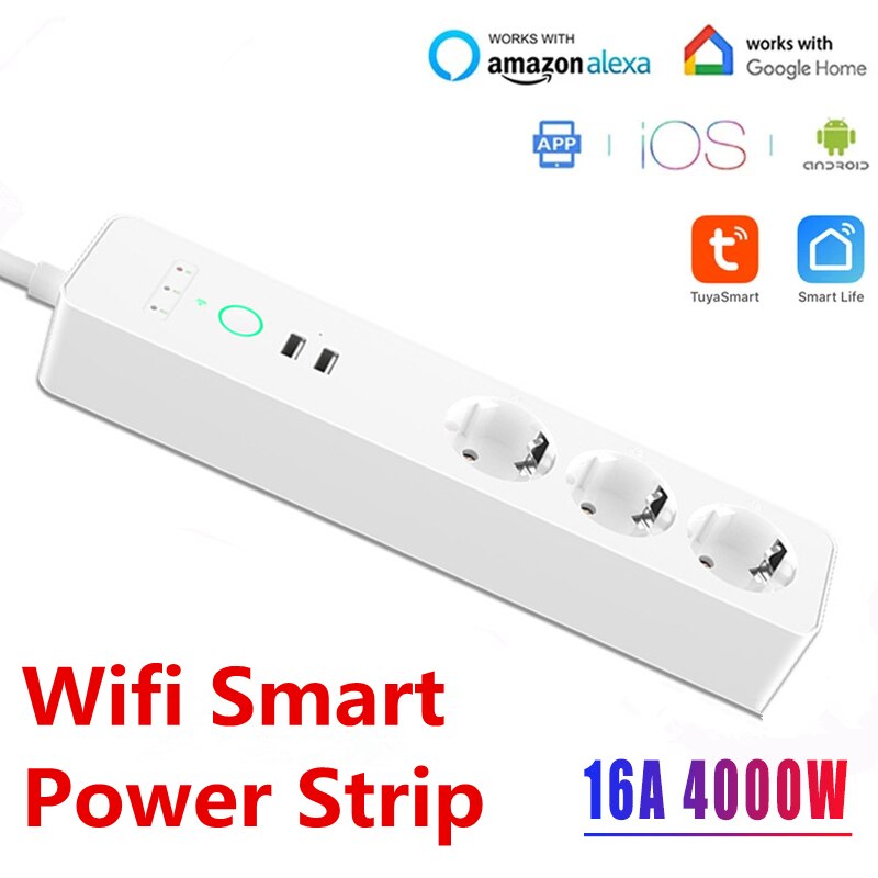 Regleta de potencia inteligente con enchufe WiFi de 16A, enchufe multienchufe con 3 salidas de CA y 2 puertos de carga USB, Control por voz, funciona con Alexa google home