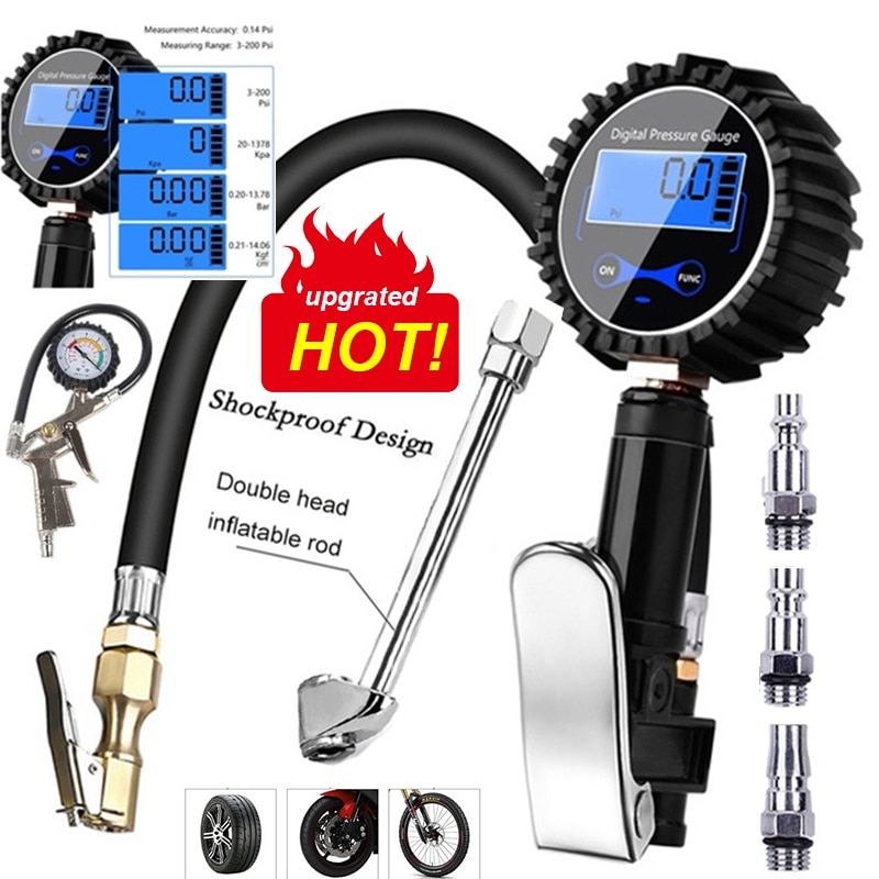 Digital Tire Inflator with Pressure Universal Car Tyre Pressure Gauge Max Test 220Psi Tyre Tire Inflator Gun Round Dial Air
